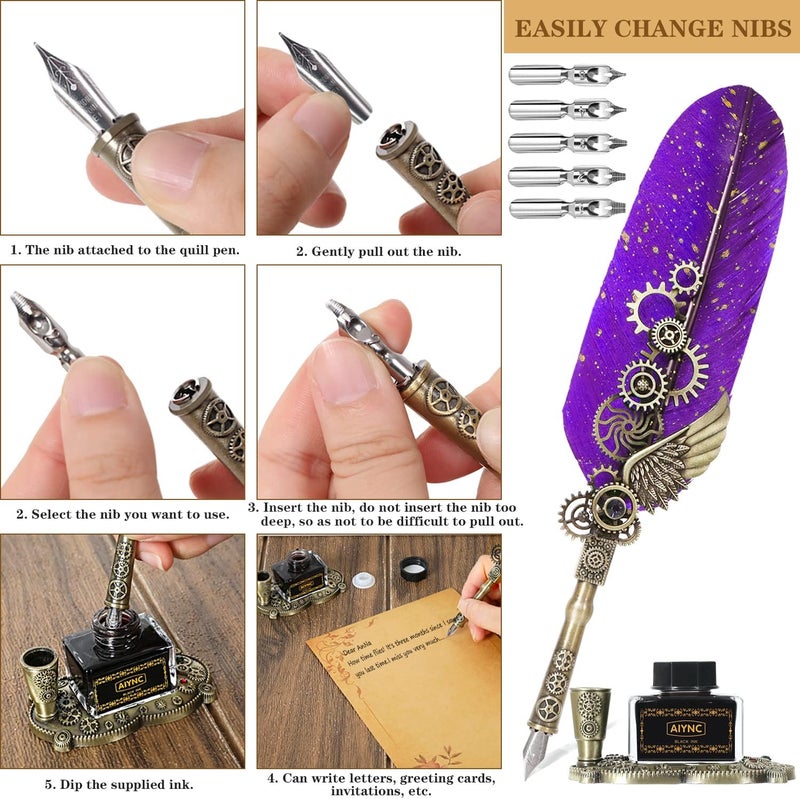 AIYNC Feather Pen Ink Set With Quill Pen, Notebook, 5 Replaceable Nibs, Seal Stamp, Spoon, Wax Beads, White Wax, Pen Holder, Cup, Envelope, Letter Paper, Envelope Tool (Purple) - Image 3